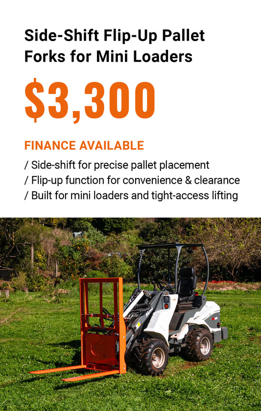 Side-Shift Flip-Up Pallet Forks for Mini Loaders